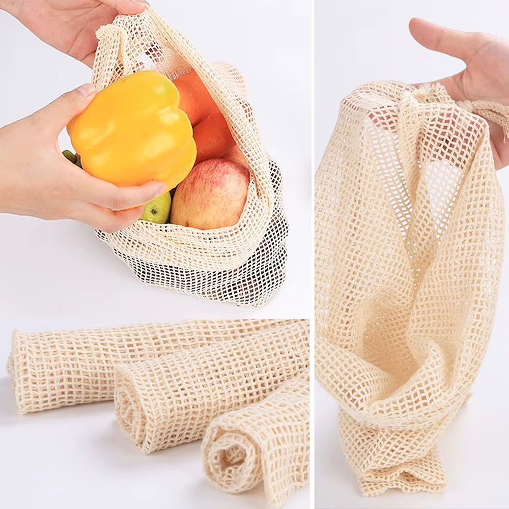 Cotton Mesh Vegetable Bags Produce Bag Reusable Cotton Mesh Vegetable Storage Bag Kitchen Fruit Vegetable with Drawstring